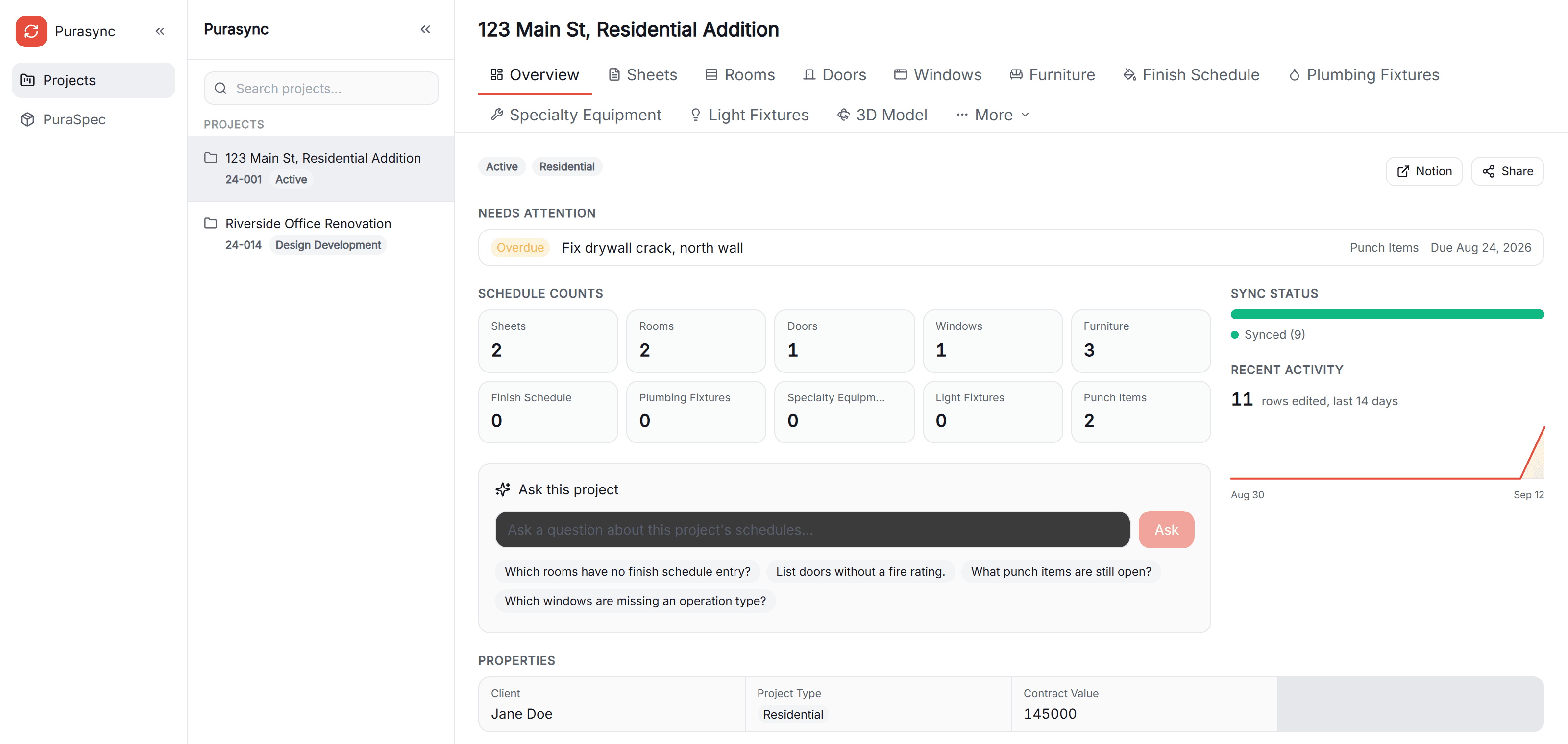 The purasync web app showing a project overview with schedule counts, sync status and an Ask this project box