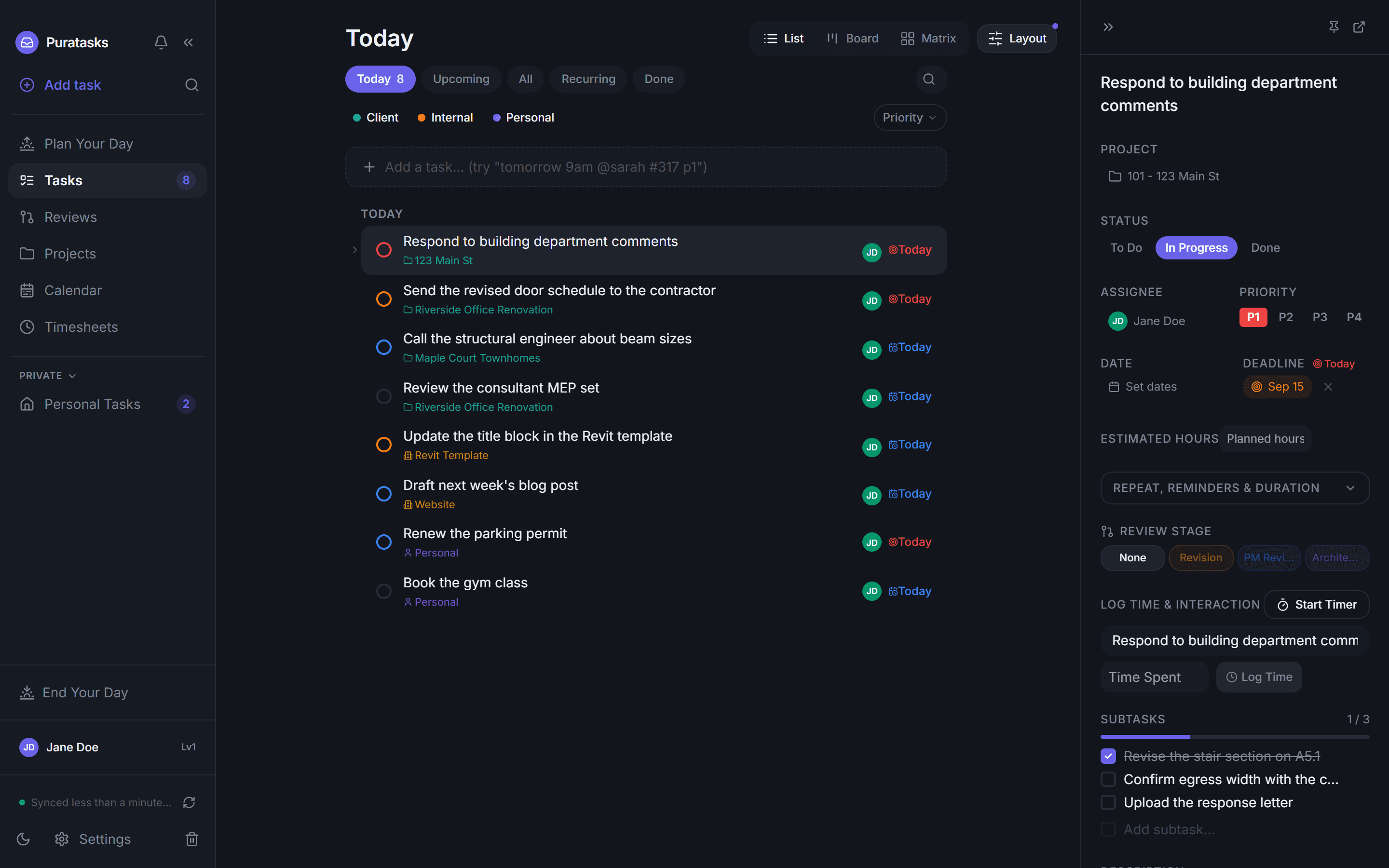The puratasks Today view, with client, internal and personal tasks marked by source color and one task open to its project, assignee, priority and deadline